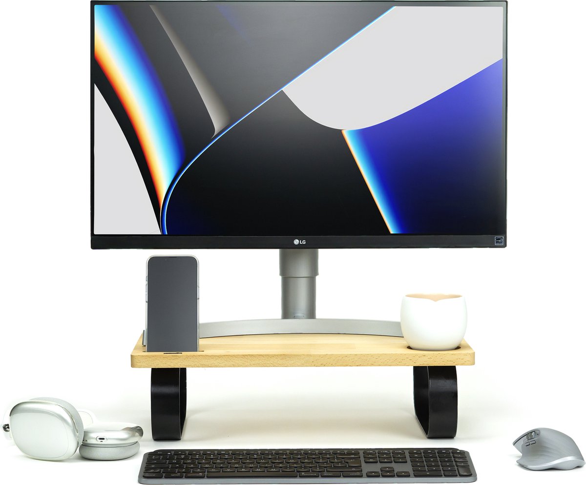 Industrial Living Monitorstandaard –Computer/ Beeldscherm/ Laptop Verhoger met Telefoon Houder – Hout – Metaal Zwart