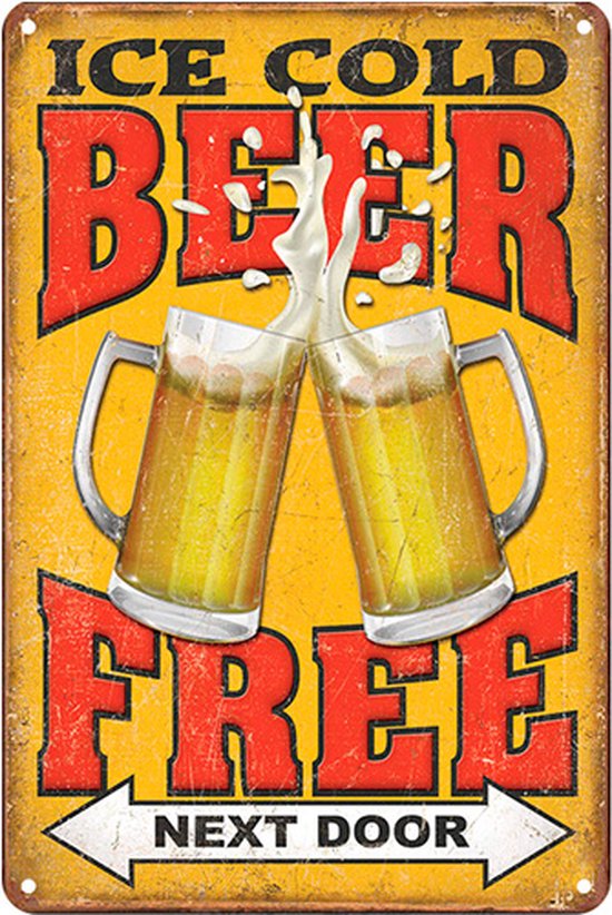 Signs-USA - Retro wandbord - metaal - Free Beer Next Door - 20 x 30 cm