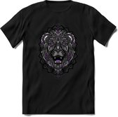 Leeuw - Dieren Mandala T-Shirt | Paars | Grappig Verjaardag Zentangle Dierenkop Cadeau Shirt | Dames - Heren - Unisex | Wildlife Tshirt Kleding Kado | - Zwart - XL