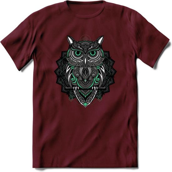 Uil - Dieren Mandala T-Shirt | Aqua | Grappig Verjaardag Zentangle Dierenkop Cadeau Shirt | Dames - Heren - Unisex | Wildlife Tshirt Kleding Kado | - Burgundy - XL