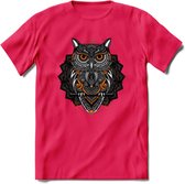 Uil - Dieren Mandala T-Shirt | Oranje | Grappig Verjaardag Zentangle Dierenkop Cadeau Shirt | Dames - Heren - Unisex | Wildlife Tshirt Kleding Kado | - Roze - S