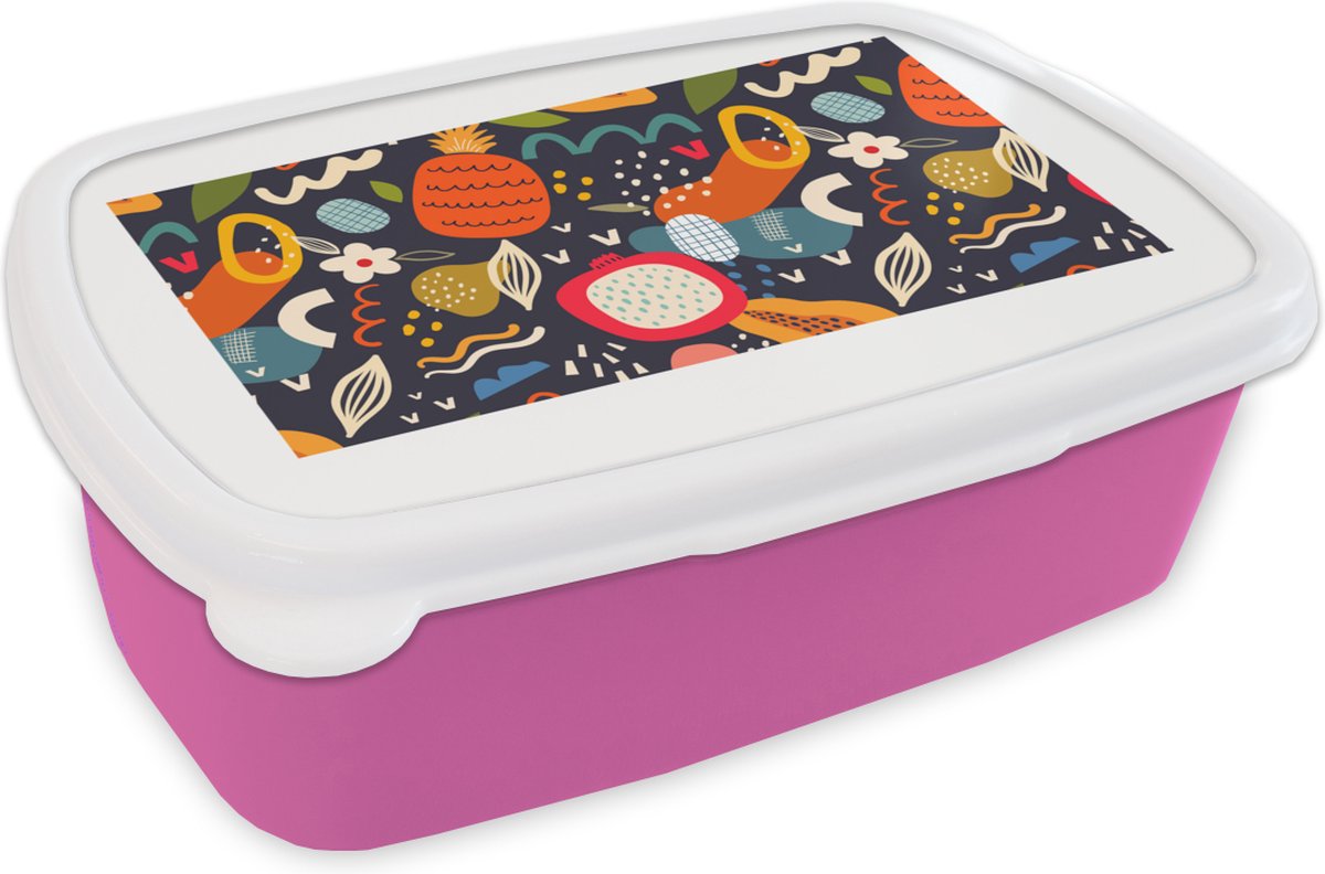 Broodtrommel Roze - Lunchbox - Brooddoos - Ananas - Fruit - Drakenfruit - Tropisch - Eten - 18x12x6 cm - Kinderen - Meisje