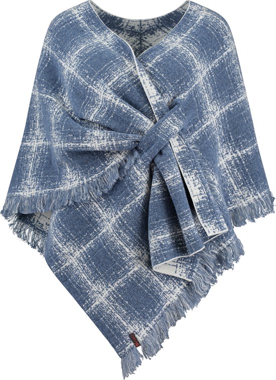 omslagdoek poncho cape sjaal, geblokt,  jeans blauw, tweezijdig draagbaar merinowol met franjes