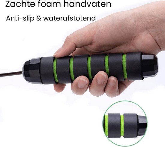 WM Sports Springtouw verzwaard - Touwtje springen - Rope skipping - Jump rope - Speedrope - Verstelbaar - Voor volwassenen en kinderen - Sport springtouw - Fitness, crossfit en boksen - Staaldraad - Foam handvaten - Lengte 280 cm - Zwart en groen