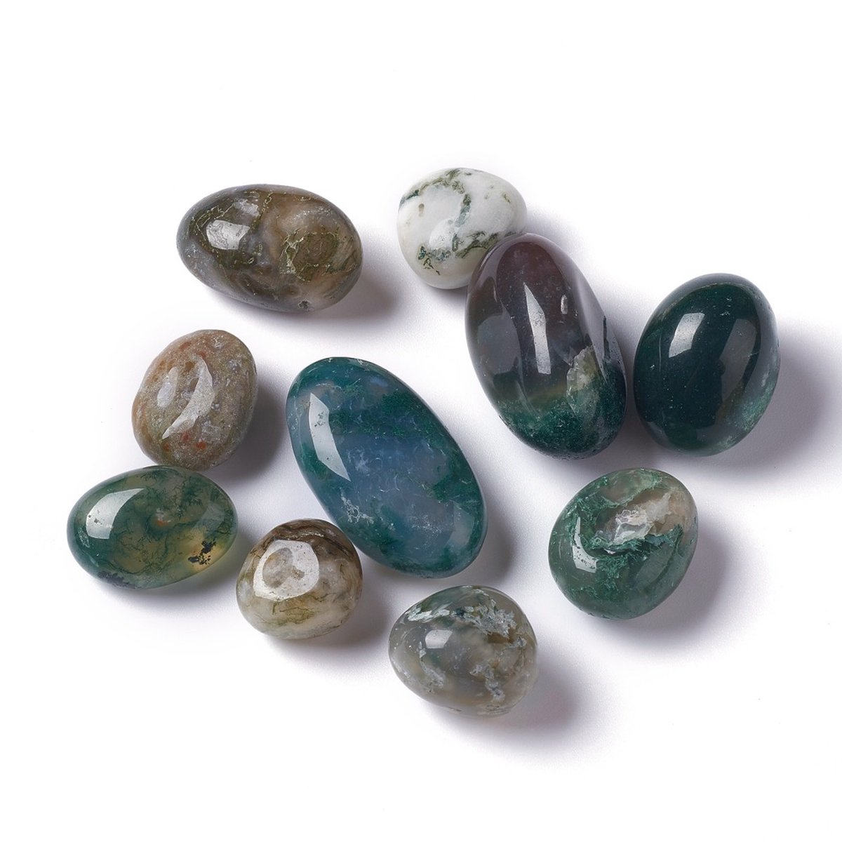 Sattva Rocks | LAAT LOS | Mosagaat trommelstenen (100 gram) in een velours kado zakje (12 stenen)