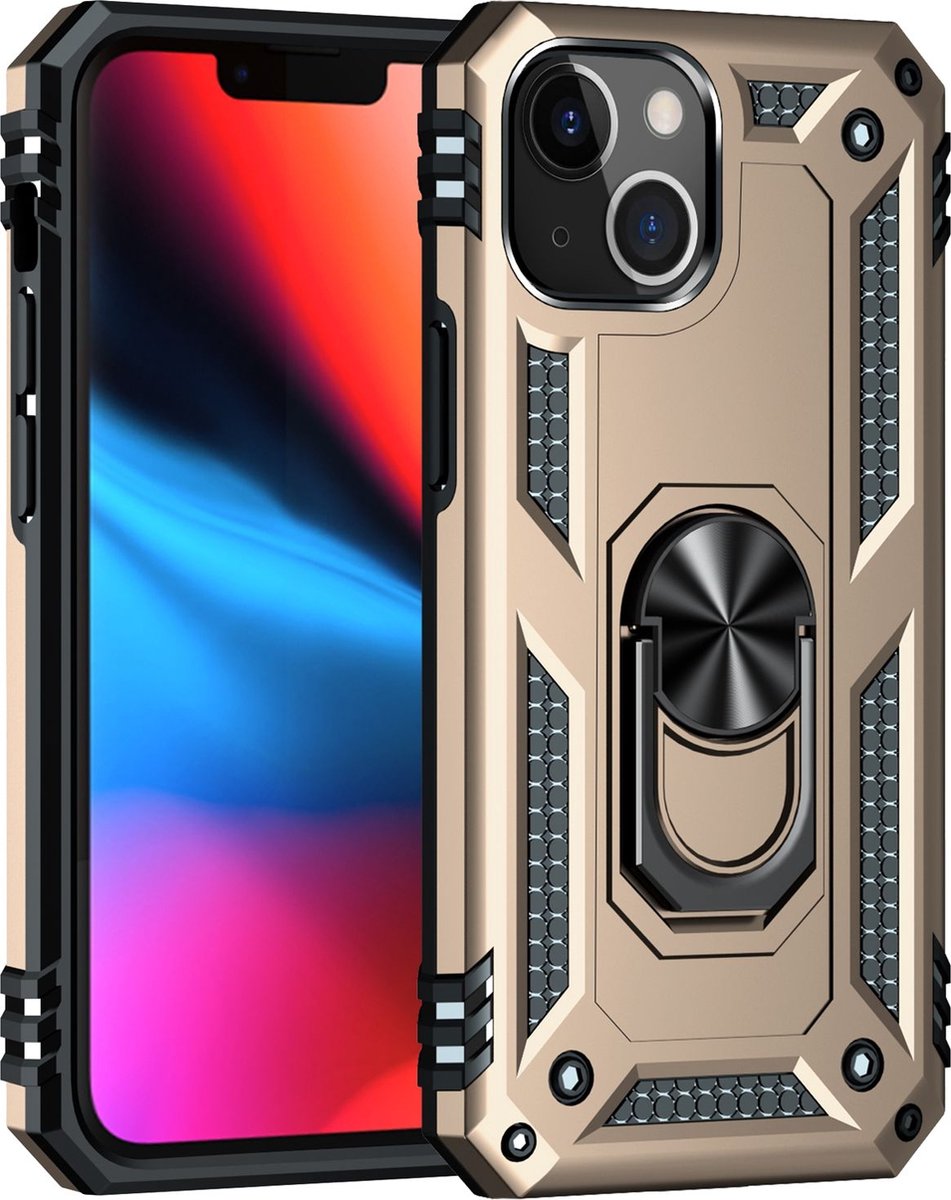 Mobigear Hoesje geschikt voor Apple iPhone 13 Telefoonhoesje Hardcase | Mobigear Armor Ring Backcover Shockproof met Ringhouder | Schokbestendig iPhone 13 Telefoonhoesje | Anti Shock Proof - Goud