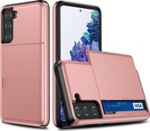 Mobigear Card Telefoonhoesje geschikt voor Samsung Galaxy S21 Plus Hoesje Hardcase Backcover Shockproof met Pasjeshouder - Roségoud