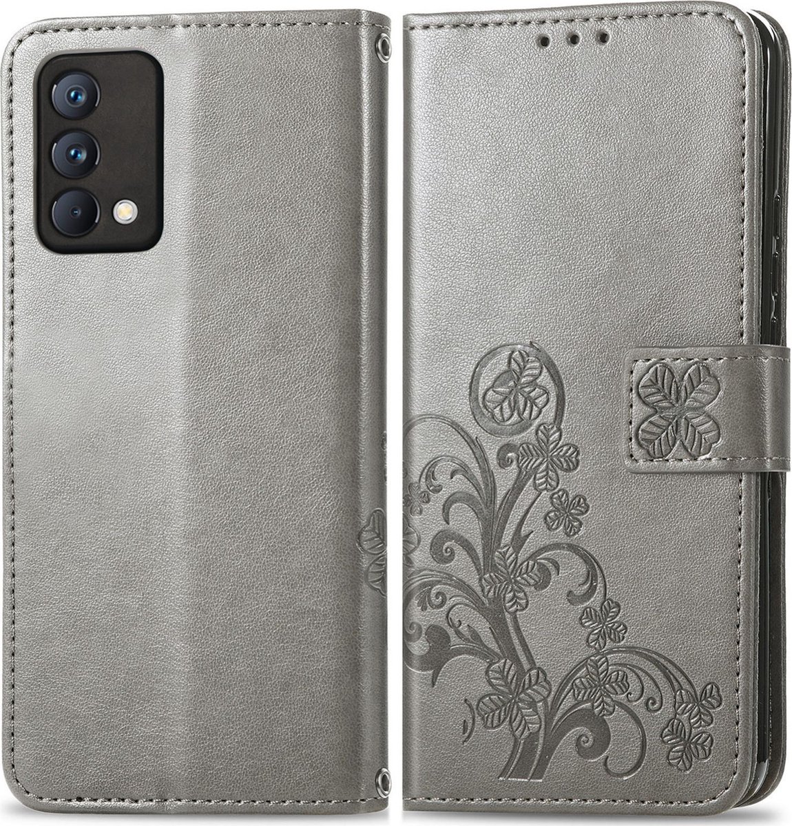Mobigear Telefoonhoesje geschikt voor Realme GT Master Edition Hoesje | Mobigear Clover Bookcase Portemonnee | Pasjeshouder voor 3 Pasjes | Telefoonhoesje voor Pinpas / OV Kaart / Rijbewijs - Grijs