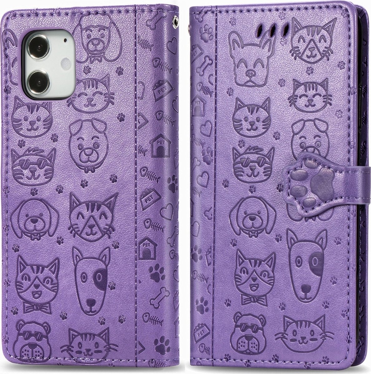 Mobigear Telefoonhoesje geschikt voor Apple iPhone 12 Pro Max Hoesje | Mobigear Cat and Dog Bookcase Portemonnee | Pasjeshouder voor 3 Pasjes | Telefoonhoesje voor Pinpas / OV Kaart / Rijbewijs - Paars