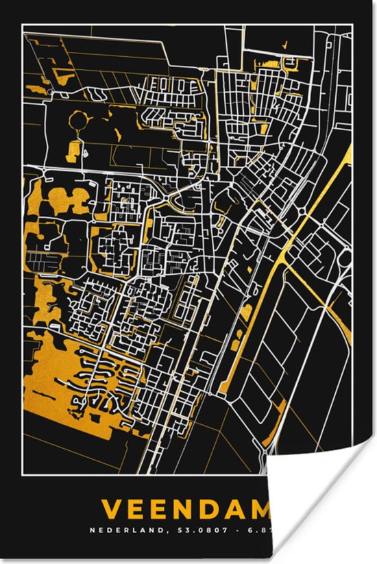 Poster Veendam - Goud - Kaart - Plattegrond - Stadskaart - 20x30 cm