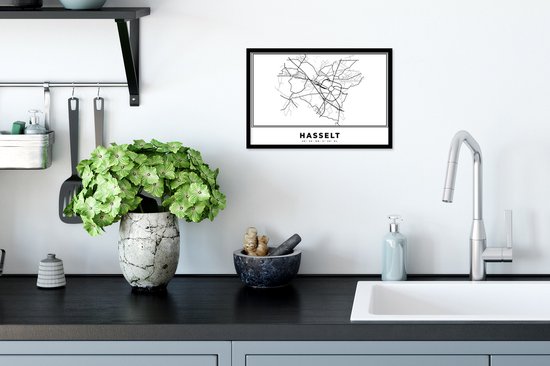 Cadre photo avec affiche Zwart Wit- België - Hasselt - Plan de la ville - Carte - Zwart Wit - Carte - 30x20 cm - Cadre pour affiche