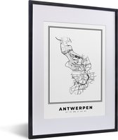 Fotolijst incl. Poster Zwart Wit- Stadskaart – Zwart Wit - Kaart – Antwerpen – België – Plattegrond - 30x40 cm - Posterlijst