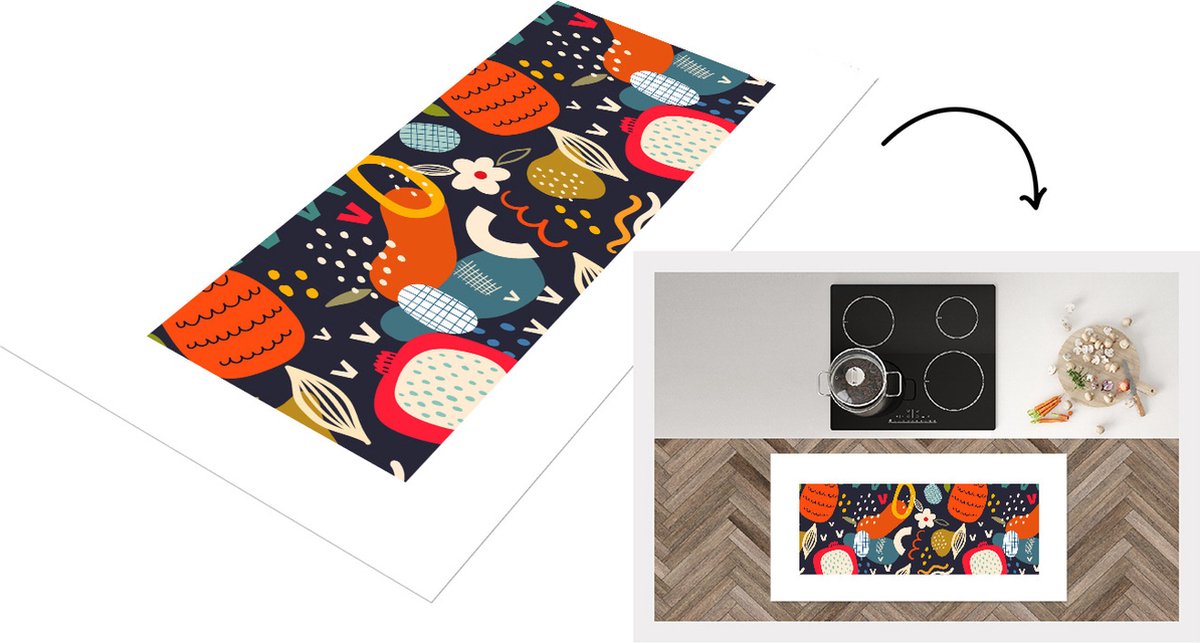 KitchenYeah Keukenloper - Loper keuken - Eten - Ananas - Drakenfruit - Abstract - Blauw - 120x60 cm - Keukenloper vinyl Multicolor