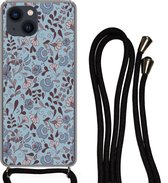 Hoesje met koord Geschikt voor iPhone 13 Mini - Patroon - Bloem - Grijs - Blauw - Siliconen - Crossbody - Backcover met Koord - Telefoonhoesje met koord - Hoesje met touw