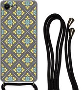 Hoesje met koord Geschikt voor iPhone SE 2020 - Design - Ruit - Bloemen - Grijs - Siliconen - Crossbody - Backcover met Koord - Telefoonhoesje met koord - Hoesje met touw