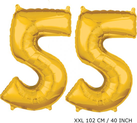 Mega grote XXL gouden folie ballon cijfer 55 jaar.  leeftijd verjaardag 55 jaar. 102 cm 40 inch. Met rietje om ballonnen mee op te blazen.