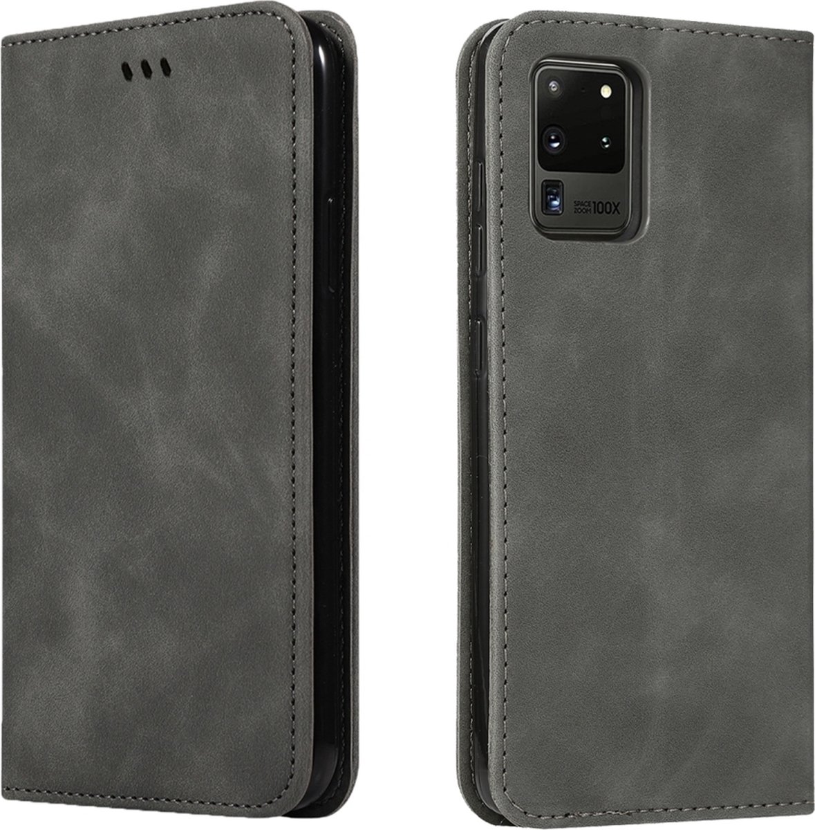Mobigear Telefoonhoesje geschikt voor Samsung Galaxy S20 Ultra Hoesje | Mobigear Retro Slim Bookcase Portemonnee | Pasjeshouder voor 2 Pasjes | Telefoonhoesje voor Pinpas / OV Kaart / Rijbewijs - Grijs