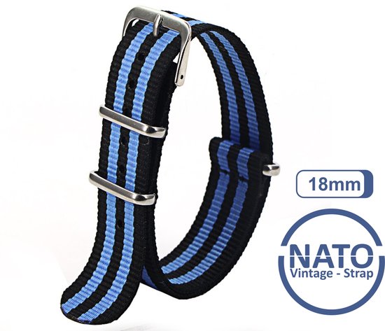 Bracelet Nato 18 mm Zwart Bande Blauw - Vintage James Bond - rayé - Collection Nato Strap - Homme - Bracelets de montre - Largeur de bande 18 mm pour par ex. Seiko Rolex Omega Casio et Citizen