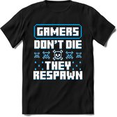 Gamers don't die pixel T-shirt | Blauw | Gaming kleding | Grappig game verjaardag cadeau shirt Heren – Dames – Unisex | - Zwart - XXL