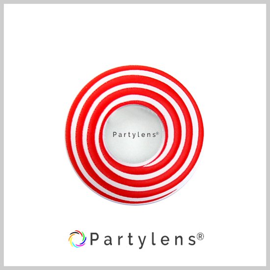 Rood-witte spiraalkleur contactlens met Partylens® logo.