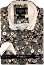 Heren Overhemd - Slim Fit - Spring Floral Satijn - Grijs - Maat XL