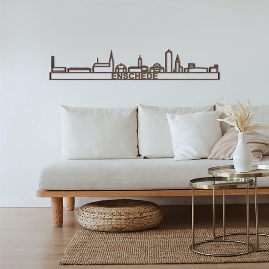 Skyline Enschede Notenhout 130 Cm Wanddecoratie Voor Aan De Muur Met Tekst City Shapes