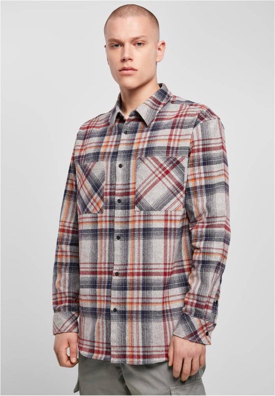 Urban Classics Overhemd -S- Heavy Curved Oversized Checked Grijs/Rood
