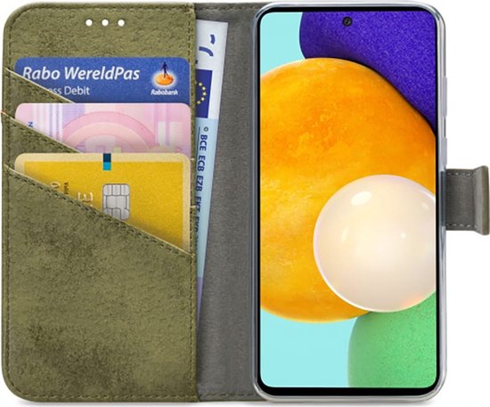 Étui de téléphone vert style portefeuille, ouvert avec espace pour cartes et billets, et un téléphone.
