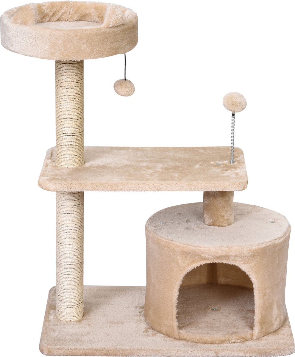 PawHut Kattenboom 3 verdiepingen krabpaal kattengrot met sisal palen krabplank pluche D30-258