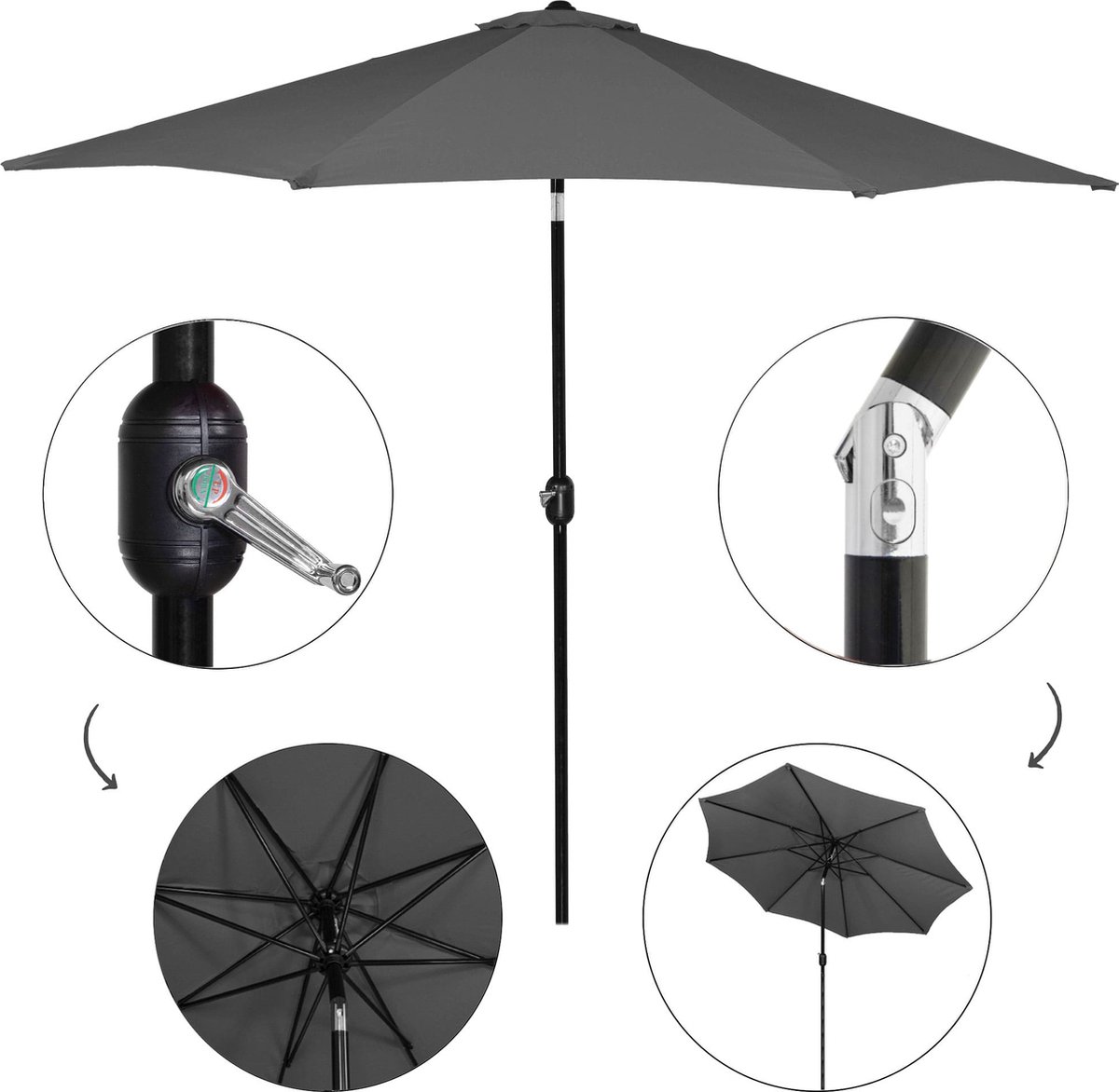 Springos Parasol | Parasols | Kantelbaar | Met ventilatie | Antraciet | Ø 300 cm – foto 6