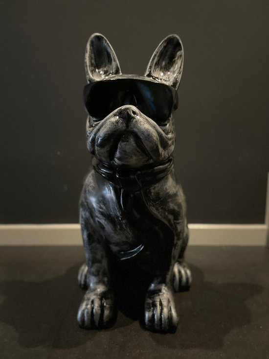 Goodyz - Franse Bulldog beeld- 80cm hoog - met zonnebril- zilver kleurig -