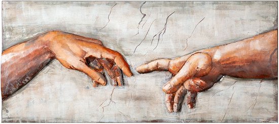 Schilderij - metalen schilderij - Schepping van Adam - handgeschilderd Michelangelo 120x50 cm 3d handen