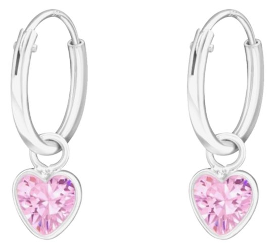 Joy|S - Zilveren hartje bedel oorbellen - roze kristal - oorringen