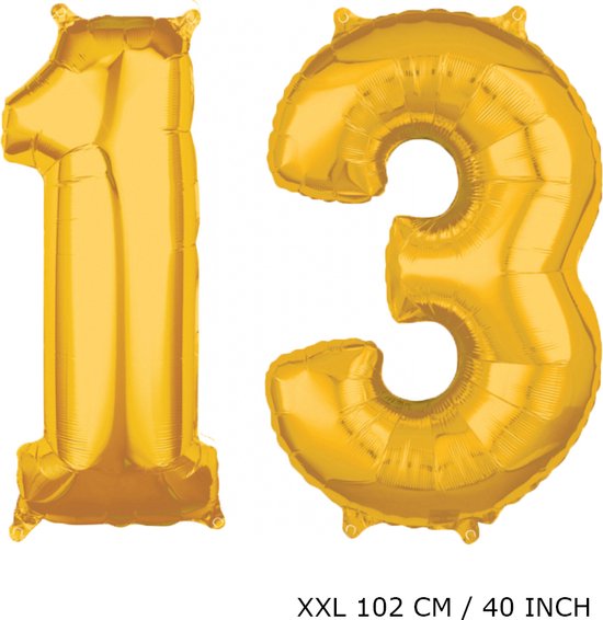 Mega grote XXL gouden folie ballon cijfer 13 jaar.  leeftijd verjaardag 13 jaar. 102 cm 40 inch. Met rietje om ballonnen mee op te blazen.