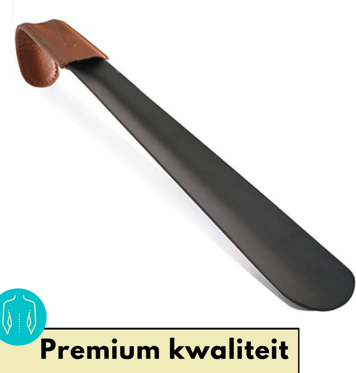 Lynnz® schoenlepel lang zwart metaal RVS 42 cm - met leren handgreep - stevig leer - schoentrekker - schoen lepel - schoenlepels