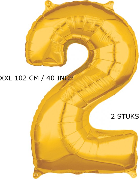Mega grote XXL gouden folie ballon cijfer 2 jaar. 102 cm 40 inch. Leeftijd verjaardag 2.  Met rietje om op te blazen. 2 stuks