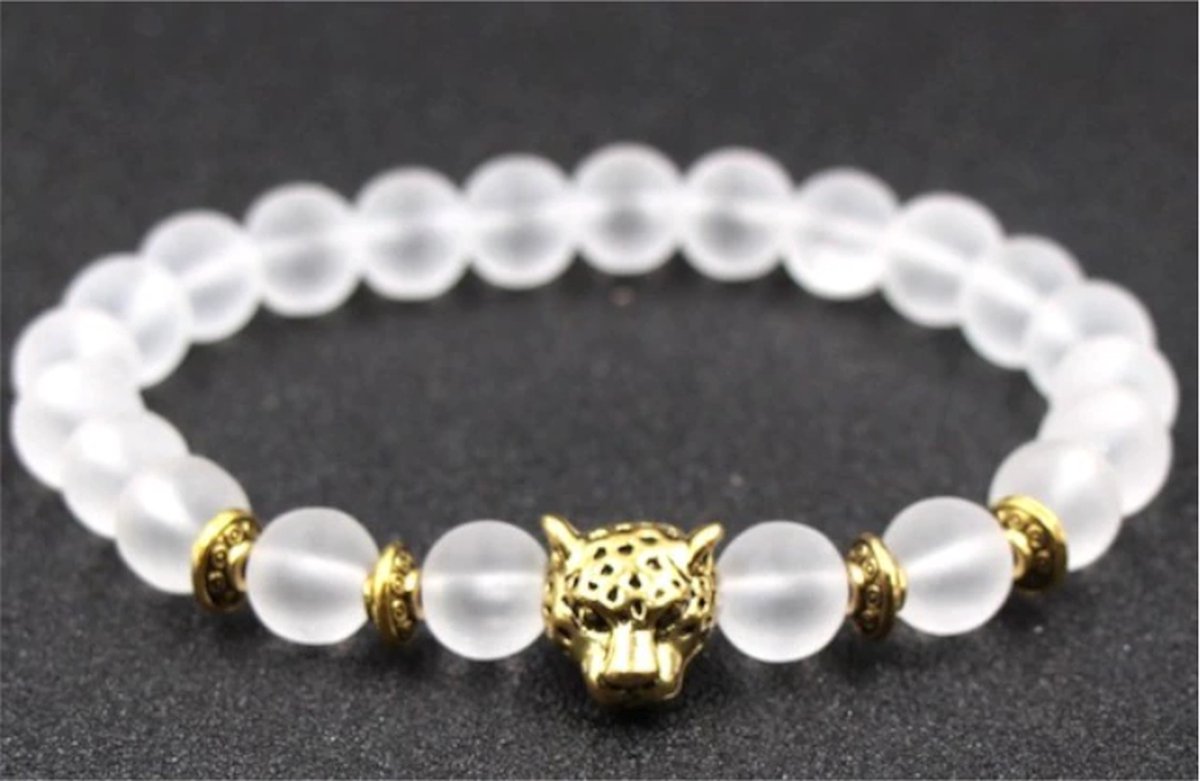 Armband Kralen Dames / Heren - Leopard bedel goud transparant - Mannen / vrouwen kralenarmband - 8mm kralen - Chakra armband sieraden - Bandje 19 cm - Elastiek