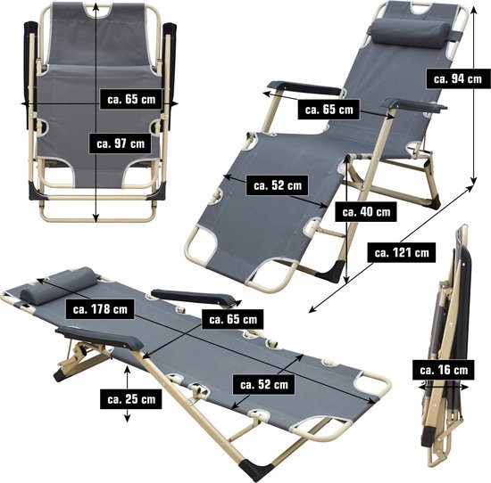 AMANKA Campingstoel ligstoel ama-yu-98 xl grijs 178x65x88 cm incl. kussen