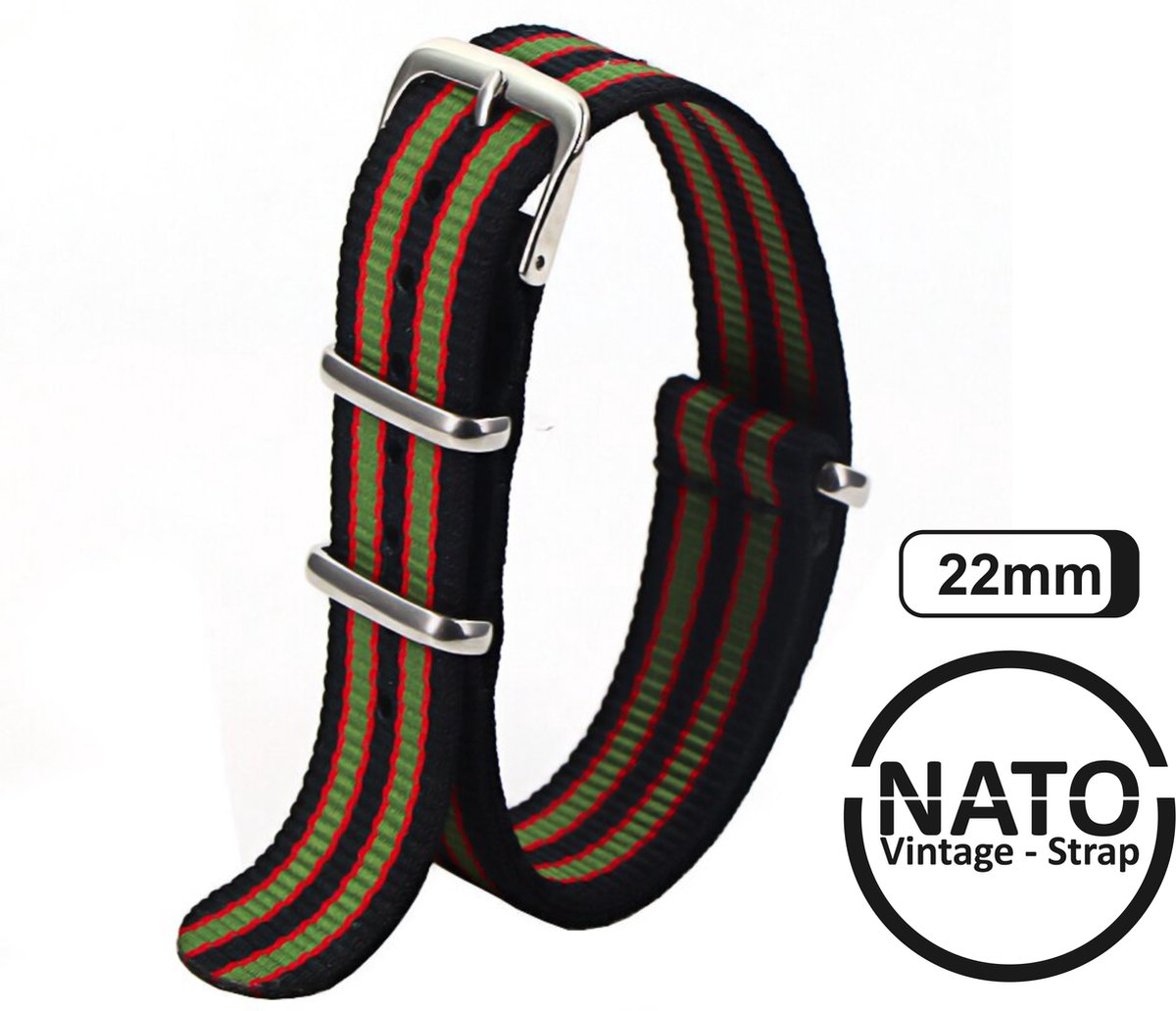 22mm Premium Nato Strap Zwart Groen Rood - Vintage James Bond - Nato Strap collectie - Mannen - Horlogeband - 22 mm bandbreedte voor oa. Seiko Rolex Omega Casio en Citizen