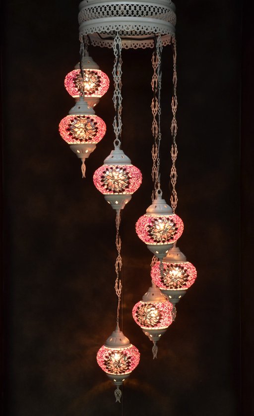 Hanglamp multicolour roos paars glas mozaïek Oosterse lamp kroonluchter Crèmewit 7 bollen