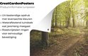 Productinformatie tuinposter: UV-bestendig, waterafstotend, roestvrijstalen ringen.