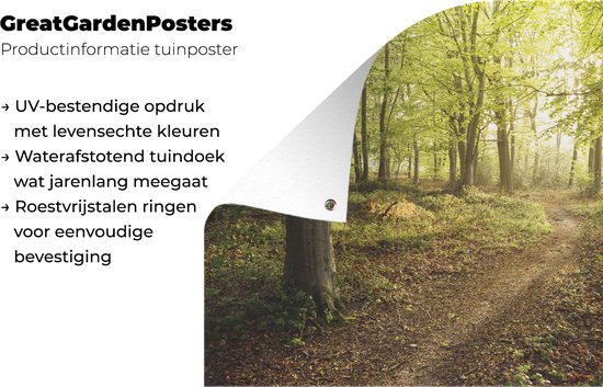 Productinformatie tuinposter: UV-bestendig, waterafstotend, roestvrijstalen ringen.