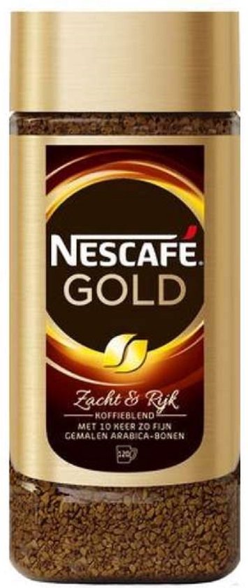 Nescafé Gold koffie in een glazen pot met gouden deksel. Zwarte wikkel met NESCAFÉ GOLD logo, "Zacht & Rijk" en "Koffieblend met 10 keer zo fijn gemalen Arabica-bonen".