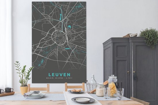 Peinture sur Toile Carte - Louvain - Blauw - Plan de Ville - Carte - België - 120x180 cm - Décoration murale XXL
