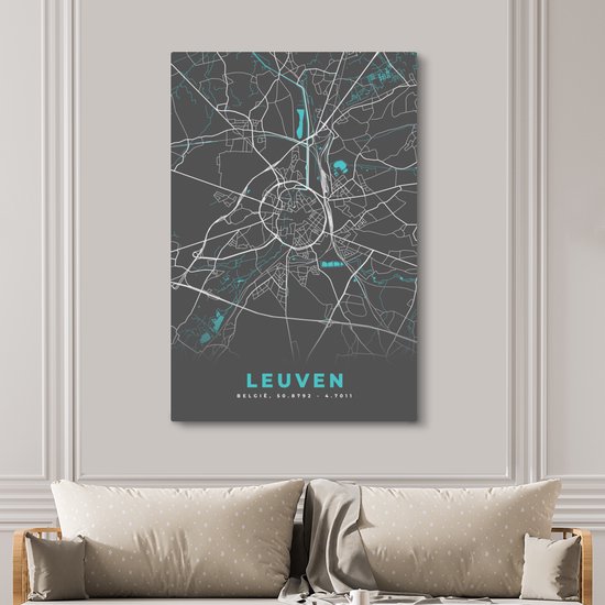 Peinture sur Toile Carte - Louvain - Blauw - Plan de Ville - Carte - België - 120x180 cm - Décoration murale XXL
