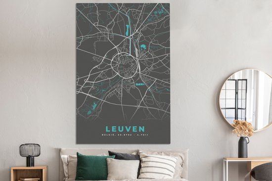 Peinture sur Toile Carte - Louvain - Blauw - Plan de Ville - Carte - België - 120x180 cm - Décoration murale XXL