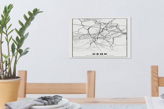 Tableau sur Toile Plan de Ville – Carte – België – Wit Zwart – Genk – Carte - 30x20 cm - Décoration murale