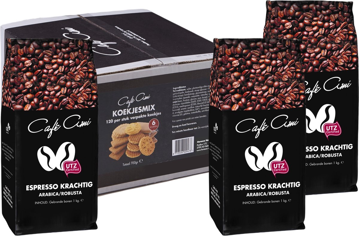 Café Ami koffiepakket: 3 zakken koffiebonen krachtig (1000 gram) en doos koekjesmix (120 stuks)