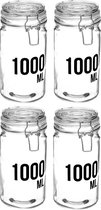 4x stuks inmaakpotten/voorraadpotten 1L glas met beugelsluiting - 1000 ml - Voorraadpotten met luchtdichte sluiting