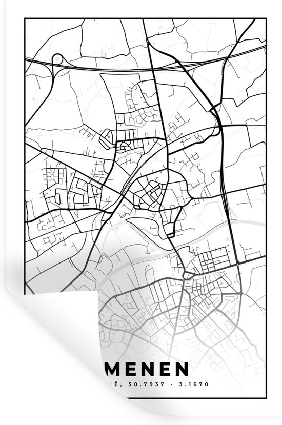 Stickers muraux - België - Menin - Plan de la ville - Carte - Zwart Wit - Carte - 80x120 cm - Feuille adhésive